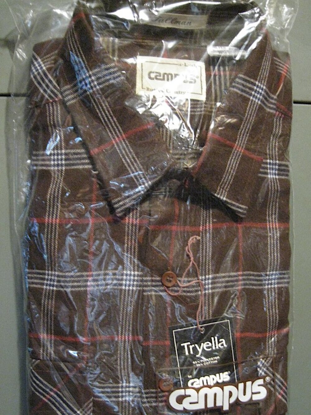 Campus Rugged Country Brown Plaid 1970s Flannel Shirt Tall Man Tryella Deadstock